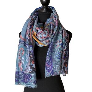 BURSA SILK ART Soft Silk Scarf Paisley Filagree Floral Raw Hem Edges Blue Purple